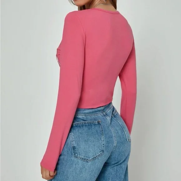 Butterfly Print Asymmetrical Cropped Long Sleeve Top - Picture 2 of 6